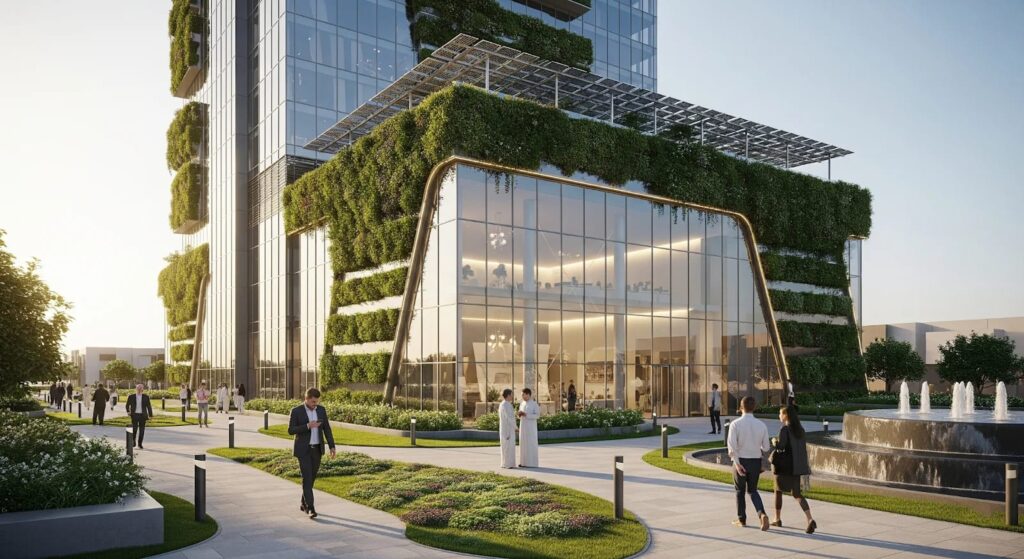 Business meeting reviewing sustainability documents for Lumina Group UAE blog on government consulting